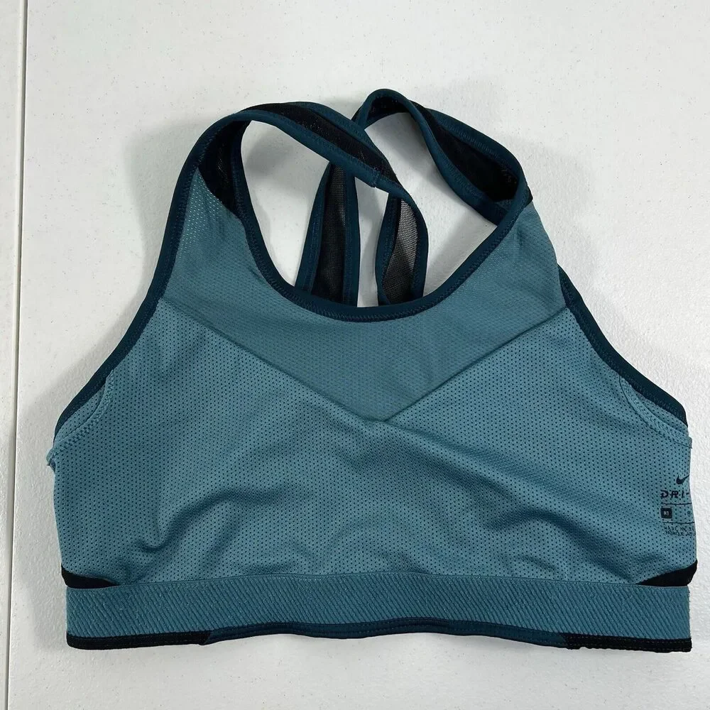 Nike Size M Swoosh Windrunner Medium‎ Support Cross-Back Cutout Bra Blue Black